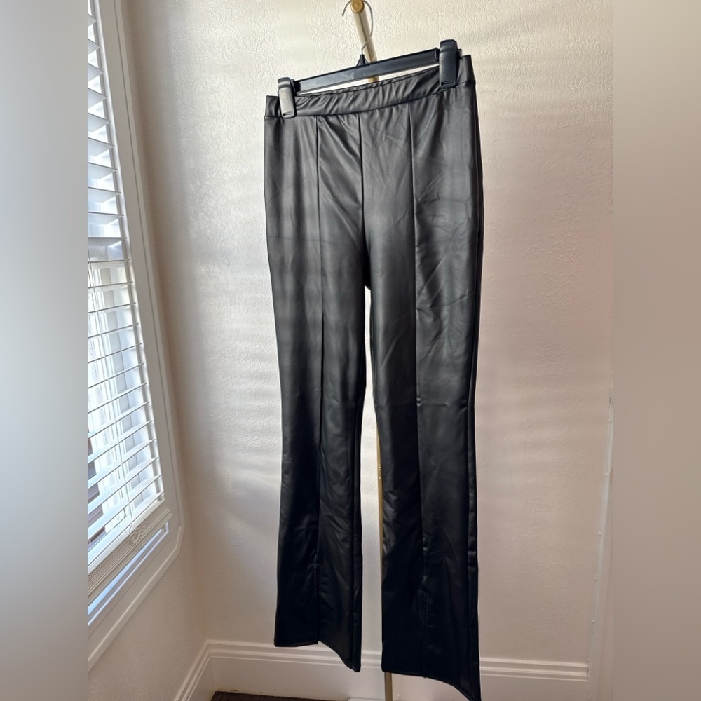 Priceless Black Vegan Leather Pants Women’s Large Front Slit Both Legs